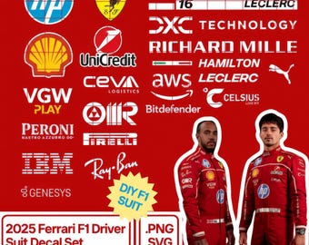 Logotipos de patrocinadores del equipo Ferrari F1 2025, mono de carreras DIY, calcomanías de logotipos de patrocinadores para Ferrari Racer, archivos digitales SVG, PNG, PDF, AI, descarga instantánea