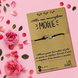 Bracciale regolabile esprimi desiderio per MOGLIE con cartolina ricordo | Scegli tu ciondolo e colore del cordoncino