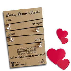 Set 4 bracciali Nonna, Nonno e Nipoti con nomi su cartolina | Idea Regalo per Nonni e Nipoti| Bracciali da condividere