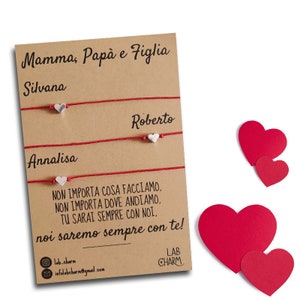 Set 3 bracciali Mamma, Papà e Figlia con nomi su cartolina | Idea Regalo per Genitori e Figli | Bracciali da condividere