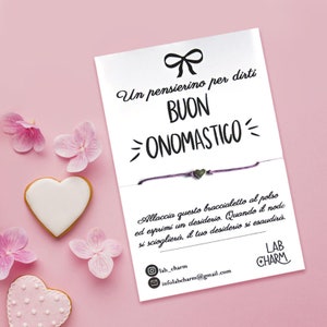 Bracciale regolabile esprimi desiderio BUON ONOMASTICO con cartolina ricordo | Scegli tu ciondolo e colore del cordoncino