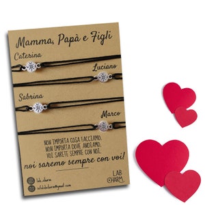Set 4 bracciali Mamma, Papà e Figli con nomi su cartolina | Idea Regalo per Genitori e Figli | Bracciali da condividere