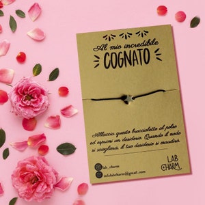 Bracciale regolabile esprimi desiderio per COGNATO con cartolina ricordo | Scegli tu ciondolo e colore del cordoncino