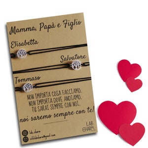 Set 3 bracciali Mamma, Papà e Figlio con nomi su cartolina | Idea Regalo per Genitori e Figli | Bracciali da condividere