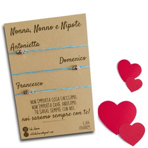 Set 3 bracciali Nonna, Nonno e Nipote con nomi su cartolina | Idea Regalo per Nonni e Nipoti | Bracciali da condividere