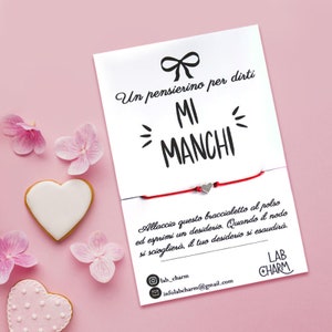 Bracciale regolabile esprimi desiderio MI MANCHI con cartolina ricordo | Scegli tu ciondolo e colore del cordoncino