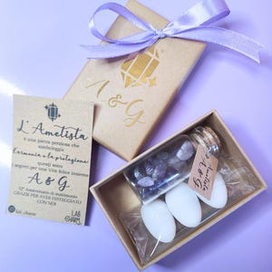 Bomboniera con bottiglietta in vetro e Pietre di Ametista | 3 confetti bianchi alla Mandorla | Bomboniera Anniversario Matrimonio