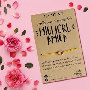 Bracciale regolabile esprimi desiderio per MIGLIORE AMICA con cartolina ricordo | Scegli tu ciondolo e colore del cordoncino