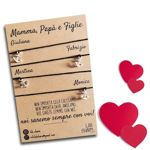 Set 4 bracciali Mamma, Papà e Figlie con nomi su cartolina | Idea Regalo per Genitori e Figli | Bracciali da condividere