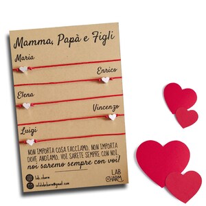 Set 5 bracciali Mamma, Papà e Figli con nomi su cartolina | Idea Regalo per Genitori e Figli | Bracciali da condividere