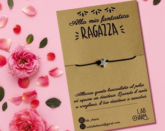 Bracciale regolabile esprimi desiderio per RAGAZZA FIDANZATA con cartolina ricordo | Scegli tu ciondolo e colore del cordoncino