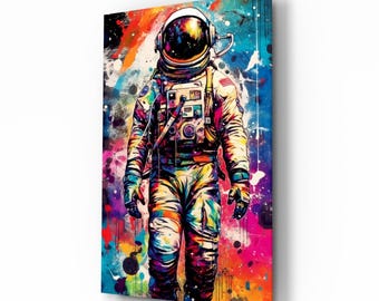 Astronaut Glaswandkunst | Neon Weltraum Druck, Cosmic Galaxy Decor, Sci-Fi Raum Dekor