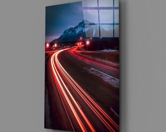 Long Exposure Highway Glass Wall Art, Mountain Landscape Print, Modern Decor