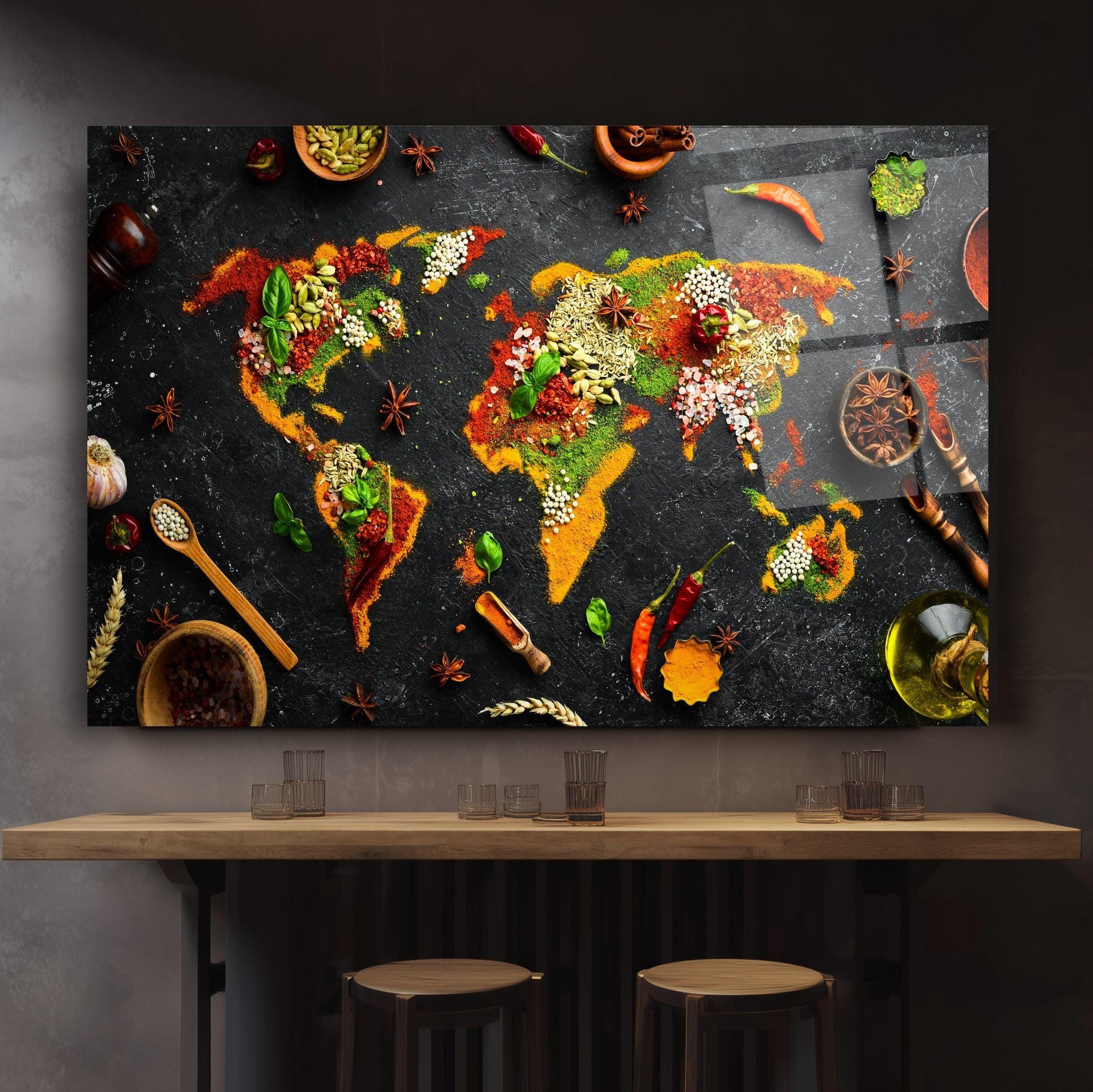 World Map Spice Glass Wall Art, Culinary Kitchen Decor, Herbs Spices Map Design