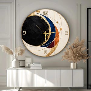 Abstract Wall Clock, Black Blue Gold Glass Clock, Modern Luxury Wall Clock, Large Statement Clock, Contemporary Living Room Wall Decor