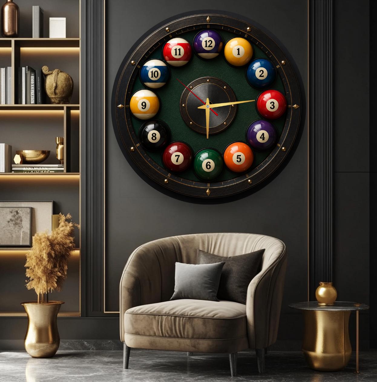 Billiard Ball Tempered Glass Wall Clock, Game Room Decor, Silent Mechanism