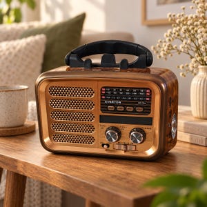Könnte beinhalten: Ein tragbares Radio mit Holzmaserung und schwarzem Tragegriff. Die Vorderseite verfügt über ein goldfarbenes Lautsprechergitter, eine digitale Frequenzanzeige mit der Aufschrift Everton RT-701, zwei silberne Drehregler und einen Schalter.