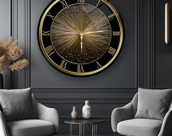 Luxury Gold Abstract Tempered Glass Wall Clock | Black Roman Numeral Art Home Decor
