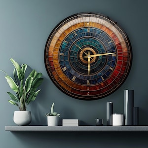Op de afbeelding: Een grote, ronde wandklok met een veelkleurige wijzerplaat in mozaïekstijl. De klok heeft goudkleurige wijzers en Romeinse cijfers. Hij is bevestigd aan een teal-kleurige muur, met daaronder een plank met decoratieve items en planten.