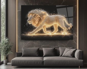 Majestic Lion Glass Wall Art, Light Effect Animal Decor, Modern Tempered Glass Artwork