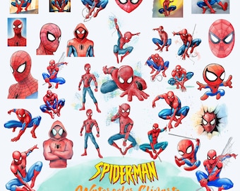 Paquete de imágenes prediseñadas de Spiderman en acuarela, archivos PNG de alta calidad (descarga digital)