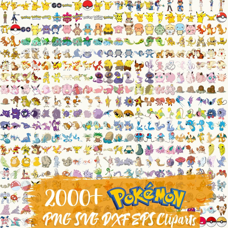 Peut inclure: Une collection de nombreux cliparts de personnages Pok&eacute;mon color&eacute;s. L'image pr&eacute;sente une grande vari&eacute;t&eacute; de Pok&eacute;mon, dont Pikachu, dispos&eacute;s en grille. Le texte "2000+ Pok&eacute;mon PNG SVG DXF EPS Cliparts" est affich&eacute; en bas.