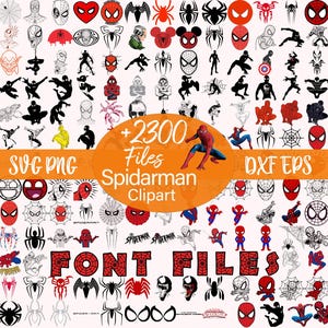 Könnte beinhalten: Eine Sammlung von Spiderman-Clipart-Bildern in verschiedenen Stilen, darunter Logos, Charakterposen und Spinnennetz-Designs. Das Bild enthält den Text "+2300 Files Spiderman Clipart" und "FONT FILES". Formate: SVG, PNG und DXF EPS.