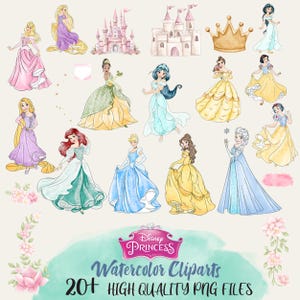 Pode incluir: Clipart em aquarela com várias princesas da Disney em seus vestidos icônicos, castelos e uma coroa de ouro. A imagem inclui o texto "Disney Princess Watercolor Cliparts 20+ High Quality PNG Files."