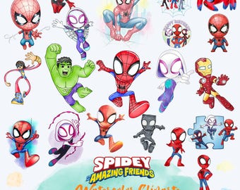 Paquete de imágenes prediseñadas de acuarela de Spidey y sus increíbles amigos, imágenes prediseñadas en acuarela, diseño digital PNG, alta resolución, descarga instantánea