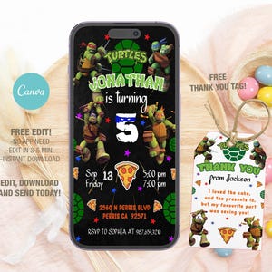 Modèle d'invitation d'anniversaire mobile modifiable tortue Ninja, invitations de fête d'anniversaire, invitation numérique fête d'enfants, carte d'anniversaire Evite