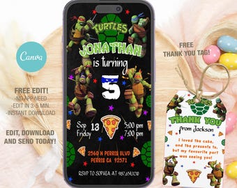 Plantilla editable de invitación de cumpleaños de las Tortugas Ninja para móvil, invitaciones para fiestas de cumpleaños, invitación digital para fiestas infantiles, tarjeta de cumpleaños de Evite