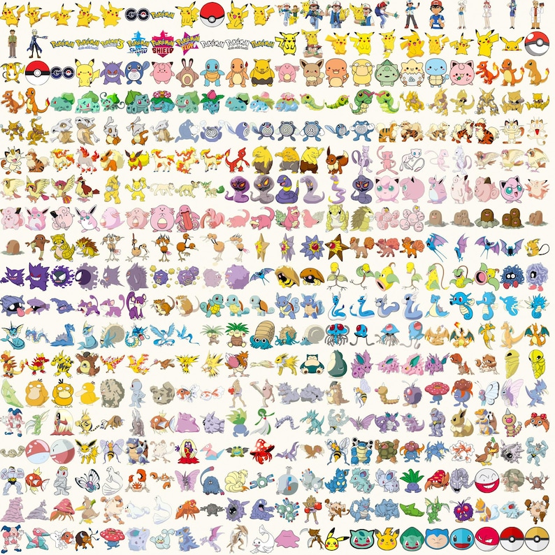 Peut inclure: Une collection de divers personnages Pok&eacute;mon aux couleurs vives et aux poses vari&eacute;es. L'image comprend des personnages populaires comme Pikachu, Salam&egrave;che et Carapuce, ainsi que le logo Pok&eacute;mon Go et une Pok&eacute;ball.