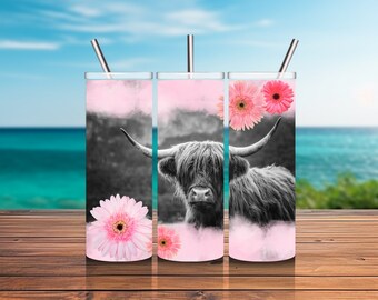 Highland Cow Pink Flowers Gerberas 20oz skinny tumbler wrap, Sublimation design templates, straight png Digital download.