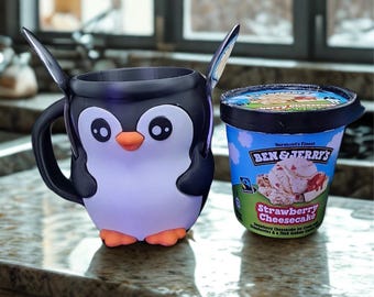 Penguin Ice Cream Pint Holder and Secrete Snack Container: Great Gift for all ages and those ice cream and penguin lovers in your life