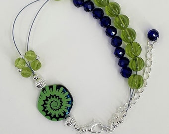 Cobalt and Olivine Ammonite Row Counter Abacus Bracelet for Knitting and Crocheting - Item No 1338