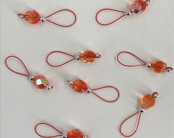Orange and Crystal Stitch Markers on Tangerine Wire - US 10 - Item No. 1255