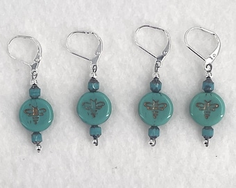 Czech Green Turquoise w/Bronze Bees Removable Stitch Markers - Item No. 1387