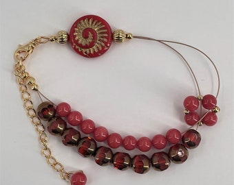 Coral Gold Ammonite Abacus Knitting Bracelet - Item 1343