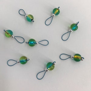 Blue and Yellow Glass on Crater Lake Blue Wire Stitch Markers - US 5 - Item No. 1239