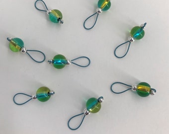 Blue and Yellow Glass on Crater Lake Blue Wire Stitch Markers - US 5 - Item No. 1239