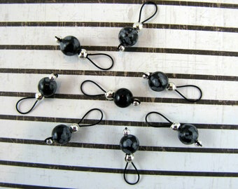 Snowflake Obsidian and Black Onyx Gemstone Stitch Markers -   US 5 - Item No. 621