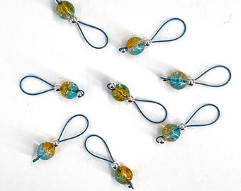 Aqua and Cantaloupe Crackle Glass Knitting Stitch Markers - US 10 - Item No. 1399