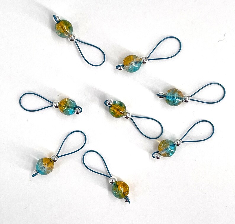 Aqua and Cantaloupe Crackle Glass Knitting Stitch Markers US 10 Item No. 1399 image 1