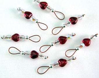 Ruby Red Heart Stitch Markers on Brick Red Wire - US 10 - Item No. 698