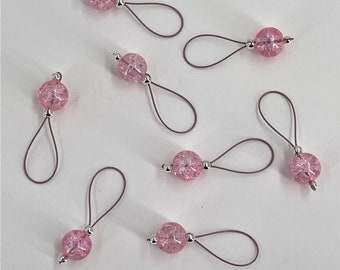 Cotton Candy Pink Crackle Glass Stitch Markers on Blush Pink Wire - US 13 - Item No. 1334