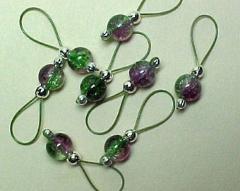 Purple And Green Glass Stitch Markers on Khaki Wire - US 5 - Item No. 542