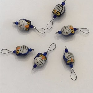 Cobalt Blue Porcelain Owl Stitch Markers - Set of 6 -  US 10 - Item No. 1152