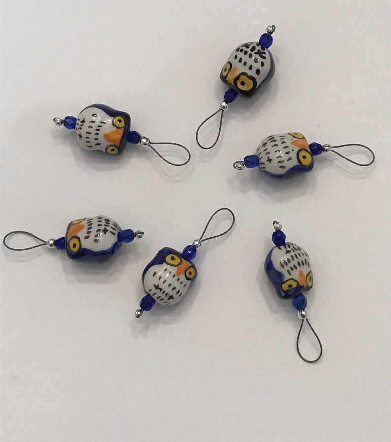 Cobalt Blue Porcelain Owl Stitch Markers Set of 6 US 10 Item No. 1152 image 1