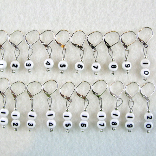 Numbered Removable Leverback Stitch Markers - 1 to 20 - Item No. 1029