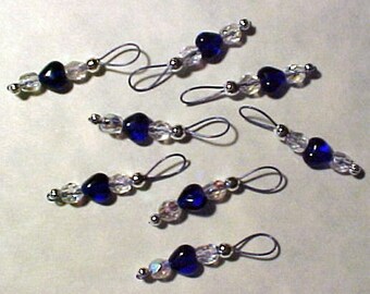 Cobalt Blue Heart Stitch Markers on Stormy Blue Wire - US 10 - Item No. 924